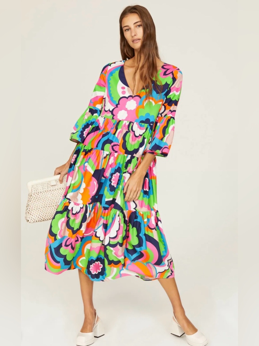 Trina Turk Retro Floral Multi-Color Tiered Maxi Dress 60s Style
